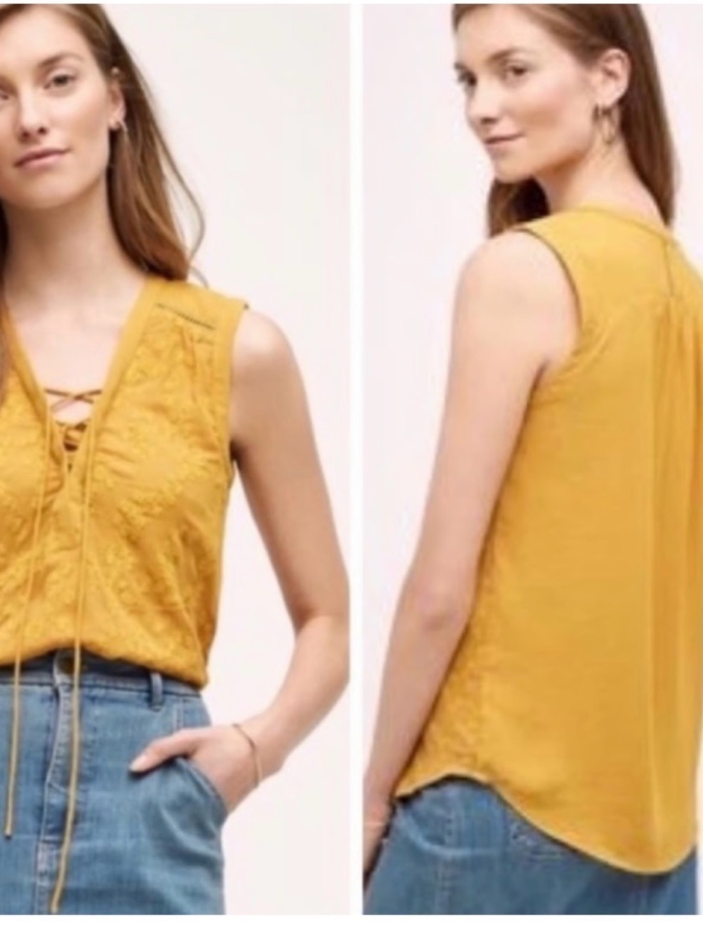 Anthro Maeve Mustard Lace Up Tank Embroidered Sleeveless Top Medium - Picture 2 of 14